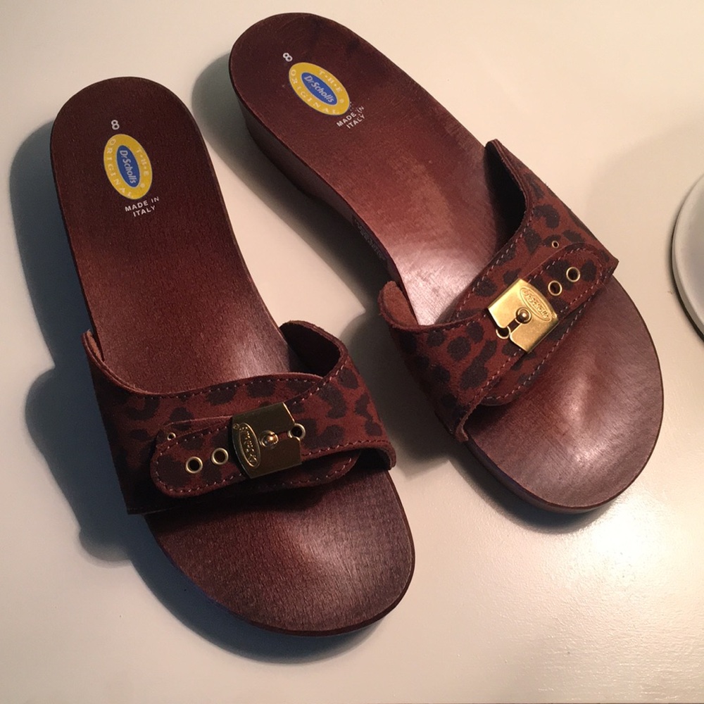 Dr. Scholl’s Animal Print Leather and Wood Slides